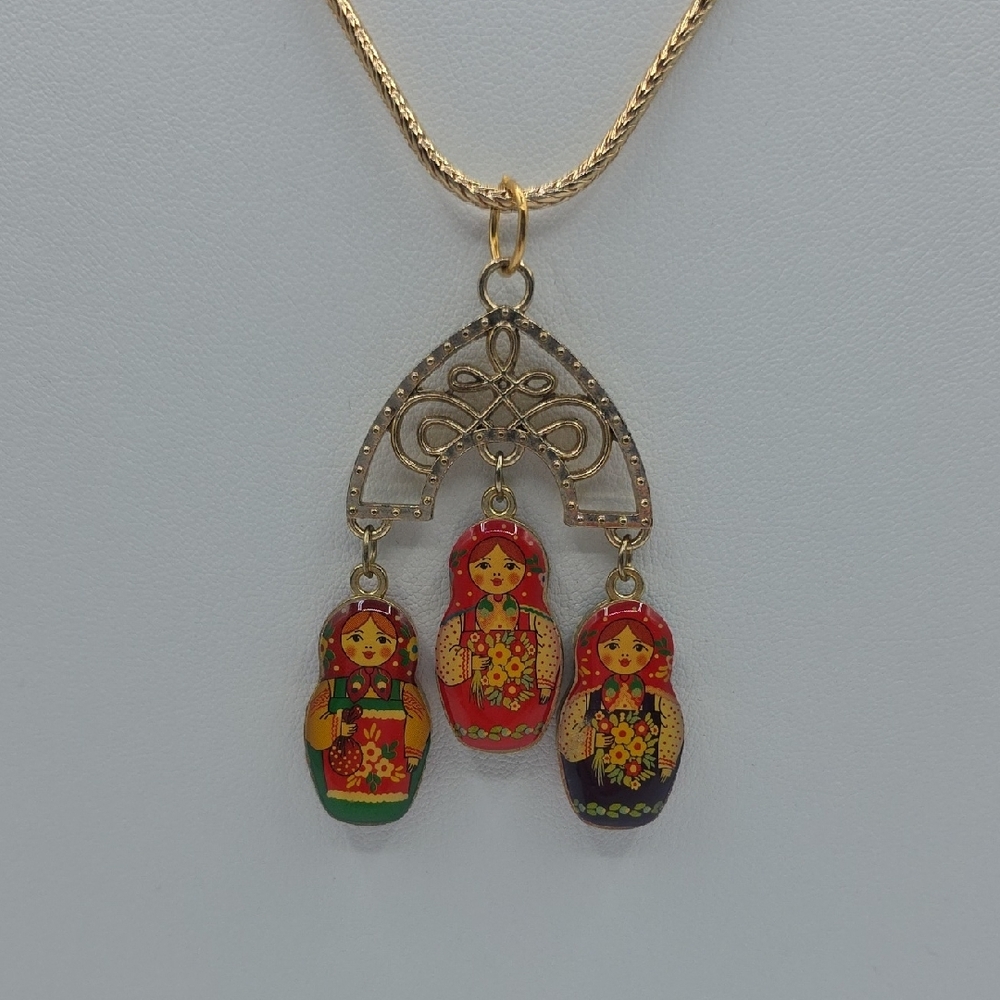 Baboushka Russian Doll Pendant and Gold Necklace